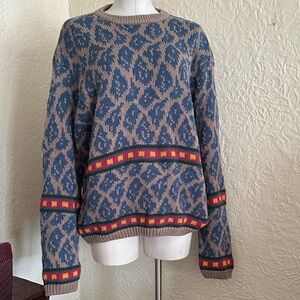 Vintage Grandpa Sweater Blue Taupe Border Pattern Knit Heavyweight Large